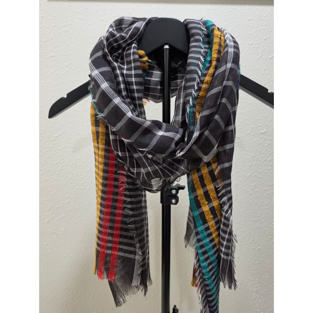 Collection XVIII Plaid Scarf Black White Multi Color Eyelash Fringe Lightweight